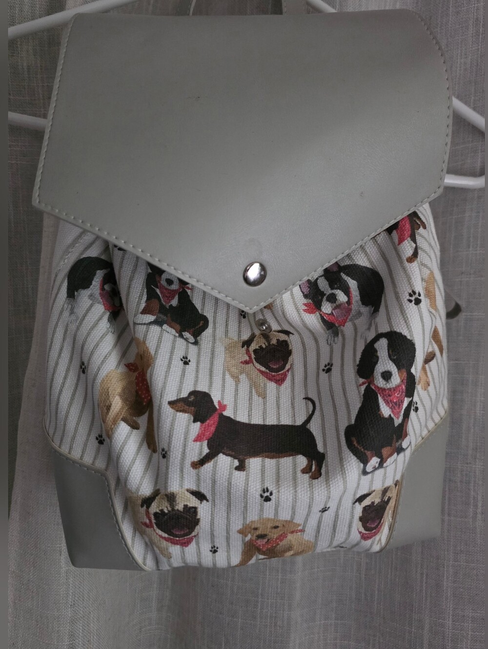 Grey and White Backpack with Playful Dog Print and Wooden Dog Brush